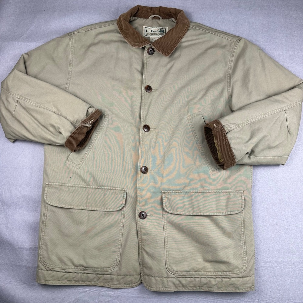 L.L. Bean Mens Large Original Field Coat Khaki Tan Corduroy Trim Quilted Lining